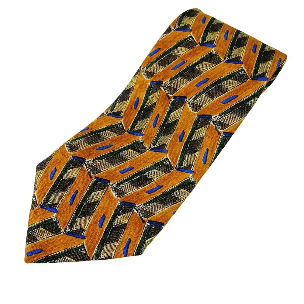Ermenegildo Zegna Italy 100% Silk Tie Mustard Yellow Blue Green Black Geo Print